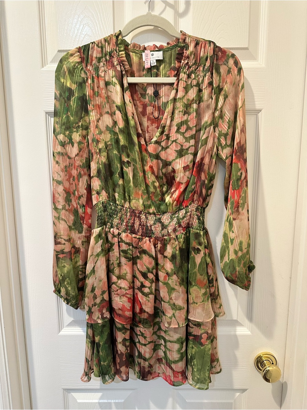 Socialite Green Pink Floral Long-Sleeve V-Neck Tiered Dress